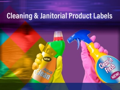 Rubber gloved hands holing cleaning sprays with text "Cleaning & Janitorial Product Labels"