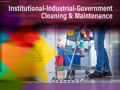 Janitor mopping floor with text "Institutional-Industrial-Government Cleaning and Maintenance"